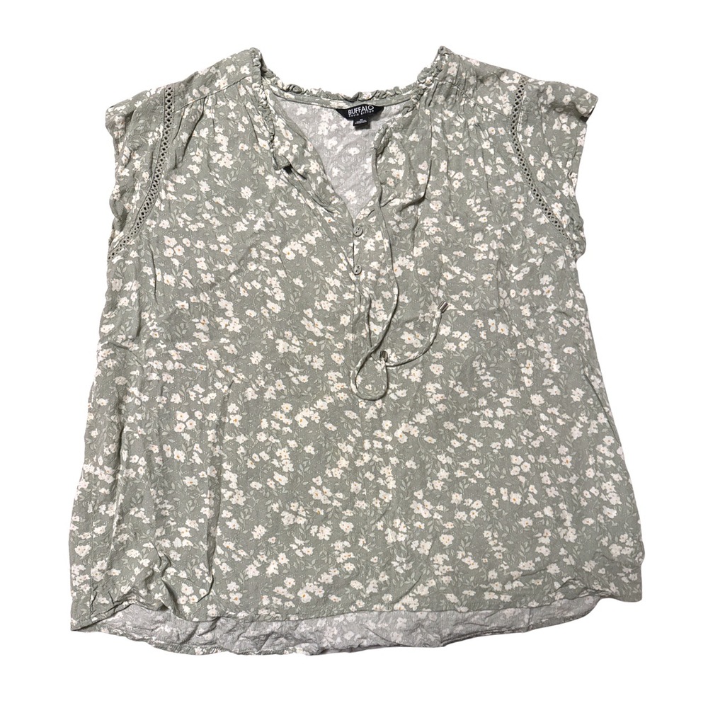 Buffalo David Bitton M Sage Green Ditsy Floral Ruffled Neck Blouse Boho